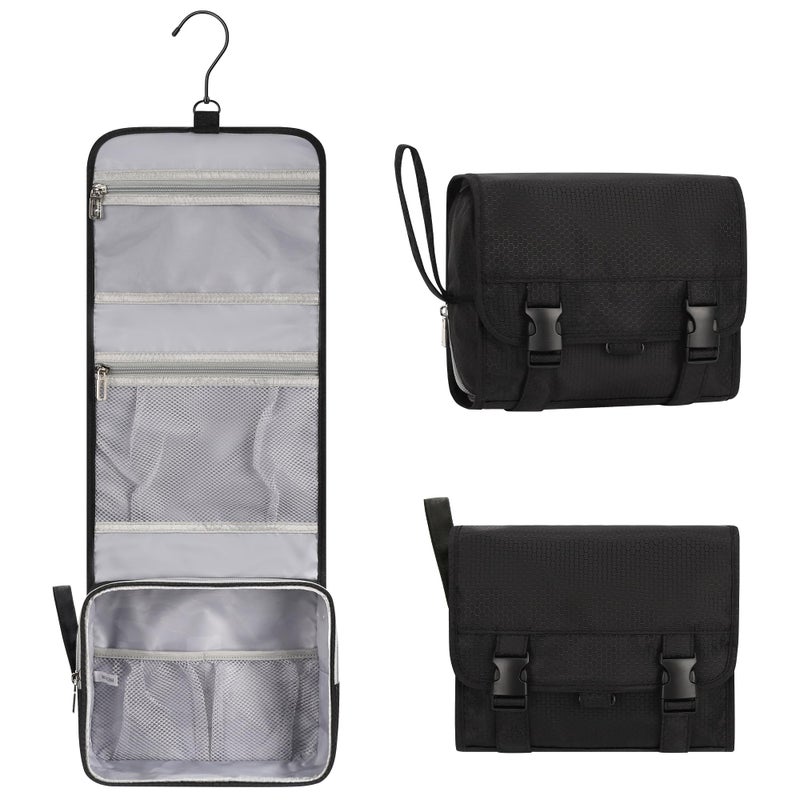 Relavel Small Hanging Toiletry Bag for Men and Women, Portable Hanging Organizer for Travel-Sized Shower Dopp Kit, Makeup Accessories, Waterproof Toiletries Organizer with 3 Compartments for Outdoor - Black - Image 1