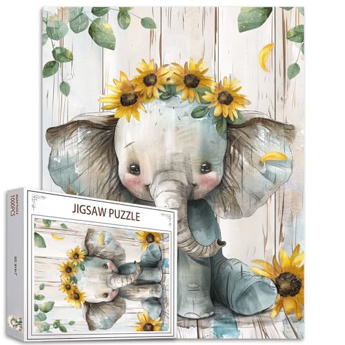 Aihonmin Baby Elephant Jigsaw Puzzles for Adults Painting 1000 Pieces Jigsaw Puzzle Animal Wear Sunflowers Flowers Jigsaw Puzzle Rustic Style Puzzles Game 27 x 20 Inches Puzzles for Families Game Nights - Image 1
