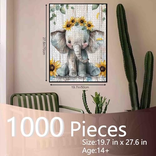 Aihonmin Baby Elephant Jigsaw Puzzles for Adults Painting 1000 Pieces Jigsaw Puzzle Animal Wear Sunflowers Flowers Jigsaw Puzzle Rustic Style Puzzles Game 27 x 20 Inches Puzzles for Families Game Nights - Image 5