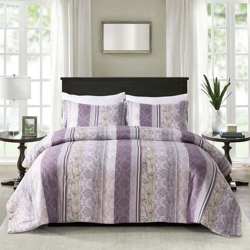 Sunshine Nicole Soft Brushed Microfiber Comforter Set 7 Pieces Queen with Light Weight Soft Poly Fill Printed Purple Grey Florals Face with Light Grey Reverse