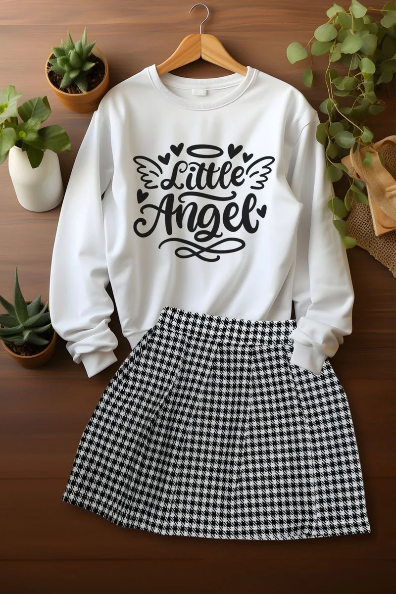 Ada Bebek Çocuk Ada Baby Child Style Plaid Skirt Little Angels Sweat Skirt Top and Bottom Set