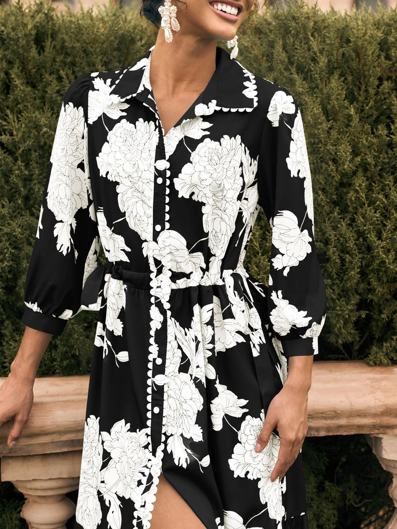 Wenrine Womens Maxi Shirt Dress Casual Floral Collared 3/4 Long Sleeve Drawstring Waist Fall Button Down Dresses Black - Image 4