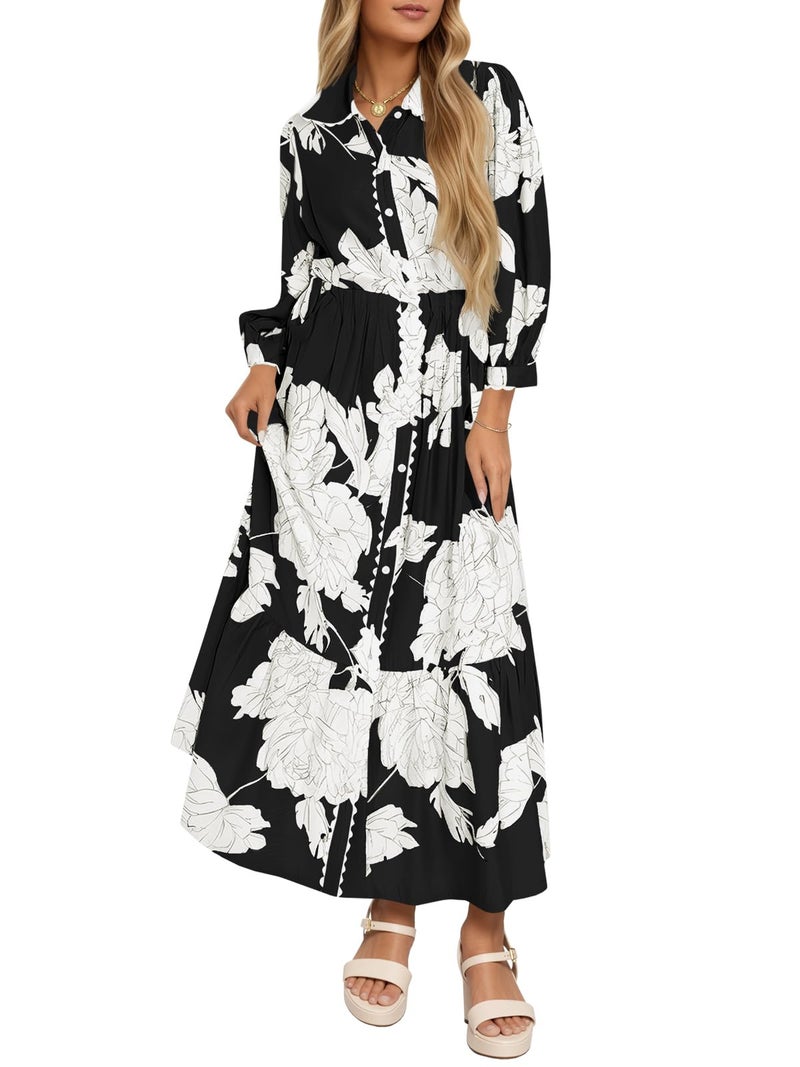 Wenrine Womens Maxi Shirt Dress Casual Floral Collared 3/4 Long Sleeve Drawstring Waist Fall Button Down Dresses Black - Image 1