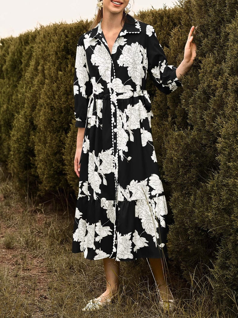 Wenrine Womens Maxi Shirt Dress Casual Floral Collared 3/4 Long Sleeve Drawstring Waist Fall Button Down Dresses Black - Image 5