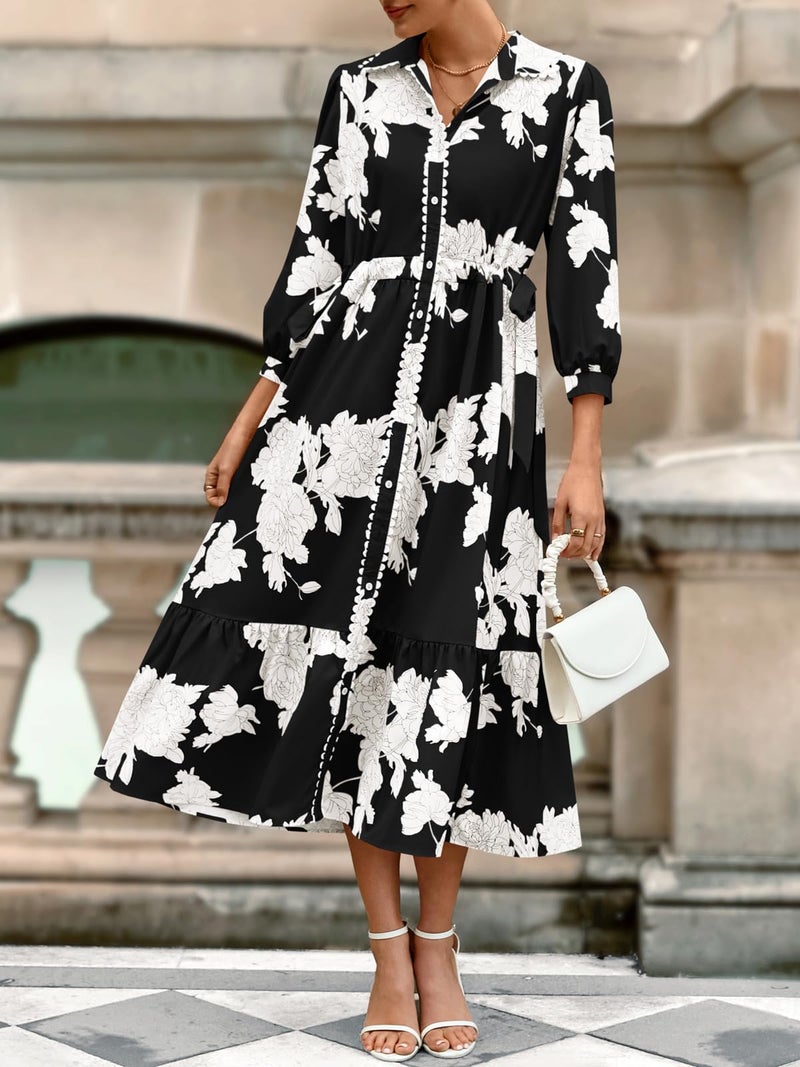 Wenrine Womens Maxi Shirt Dress Casual Floral Collared 3/4 Long Sleeve Drawstring Waist Fall Button Down Dresses Black - Image 2