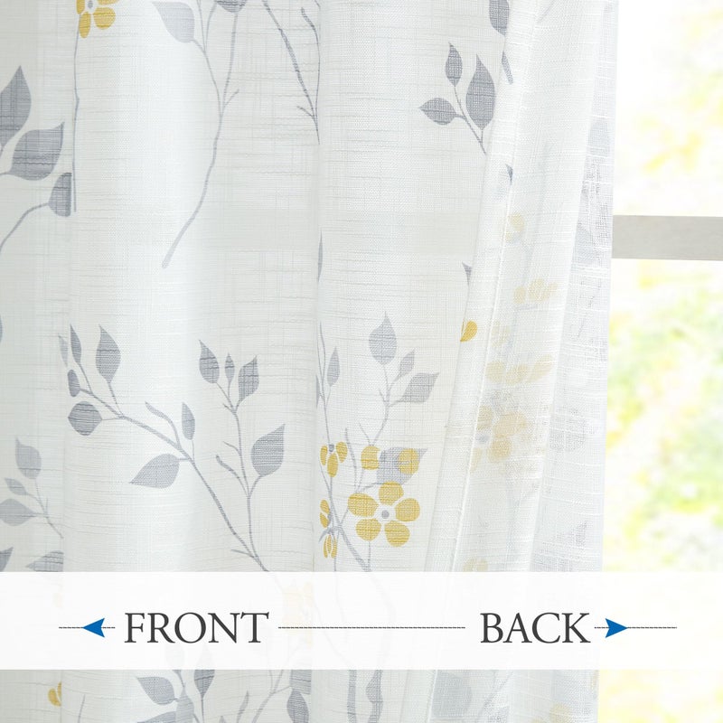 Beauoop Floral Linen Semi Sheer Curtains 63 Inches Long 2 Panels for Living Room Bedroom Yellow Grey Farmhouse Flower Patterned Light Filtering Textured Rod Pocket Window Treatments Drapes, 50x63 - Image 3