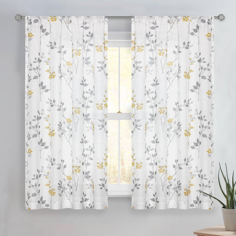 Beauoop Floral Linen Semi Sheer Curtains 63 Inches Long 2 Panels for Living Room Bedroom Yellow Grey Farmhouse Flower Patterned Light Filtering Textured Rod Pocket Window Treatments Drapes, 50x63 - Image 1