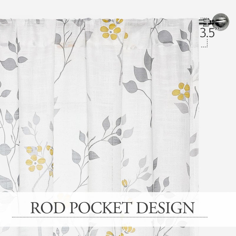 Beauoop Floral Linen Semi Sheer Curtains 63 Inches Long 2 Panels for Living Room Bedroom Yellow Grey Farmhouse Flower Patterned Light Filtering Textured Rod Pocket Window Treatments Drapes, 50x63 - Image 2
