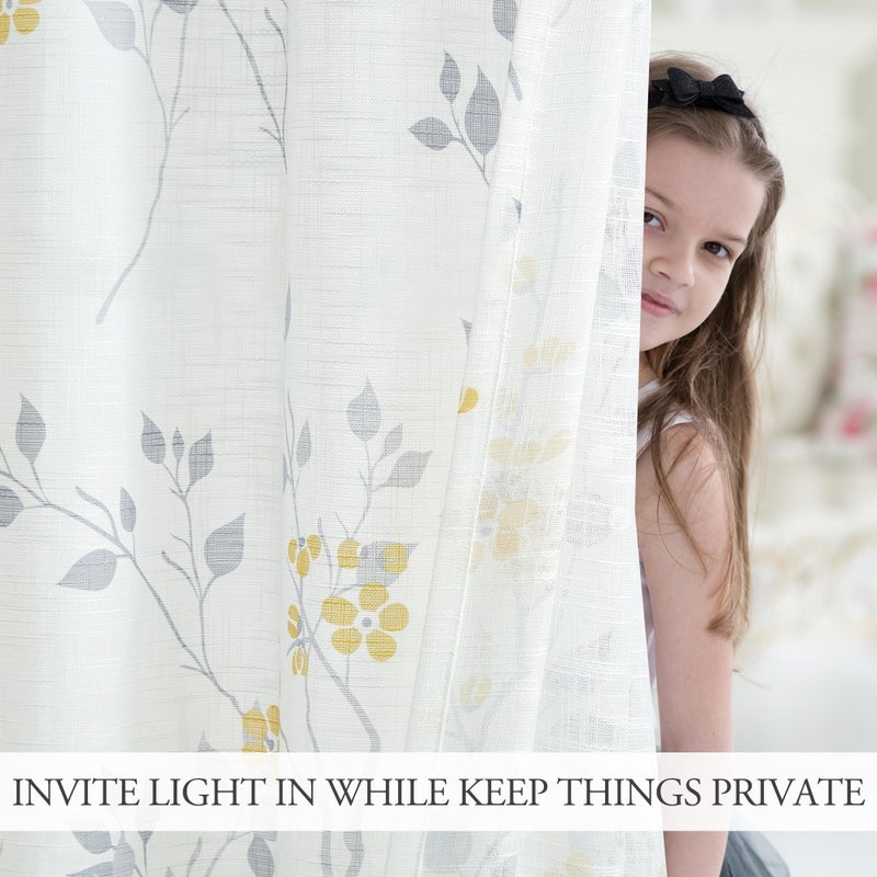 Beauoop Floral Linen Semi Sheer Curtains 63 Inches Long 2 Panels for Living Room Bedroom Yellow Grey Farmhouse Flower Patterned Light Filtering Textured Rod Pocket Window Treatments Drapes, 50x63 - Image 5