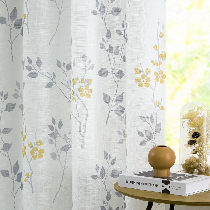 Beauoop Floral Linen Semi Sheer Curtains 63 Inches Long 2 Panels for Living Room Bedroom Yellow Grey Farmhouse Flower Patterned Light Filtering Textured Rod Pocket Window Treatments Drapes, 50x63 - Image 4