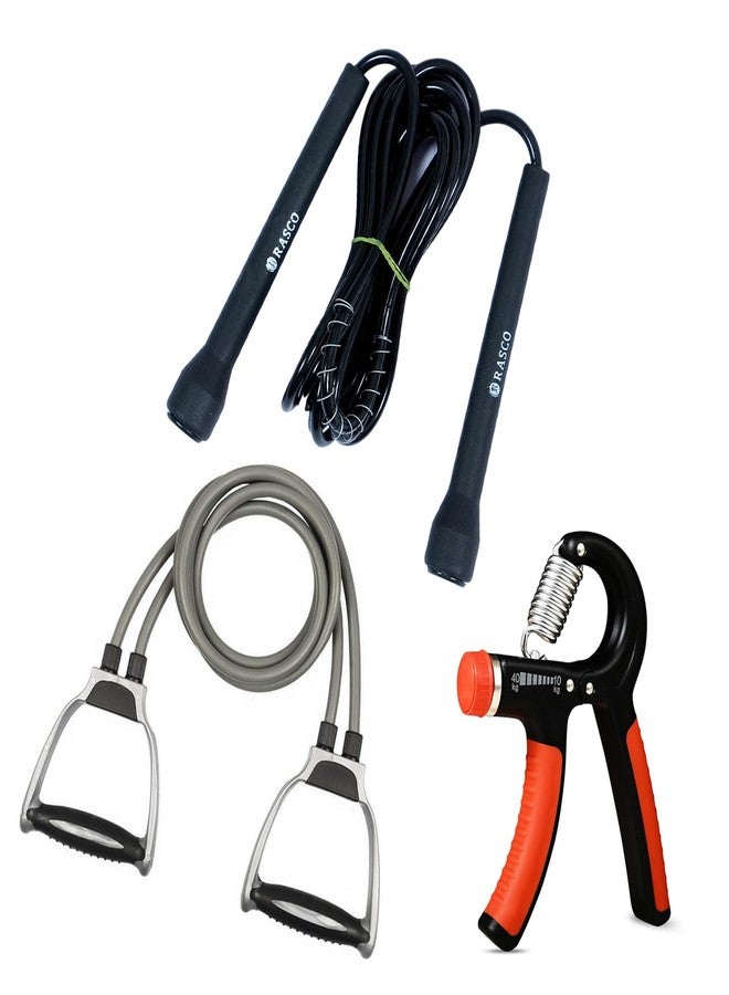 RASCO Double Toning Tube & Adjustable Hand Grip for Full Body Workout, Skipping Rope, Exercise Equipment, Resistance Tube with Comfort Handles, Latex Hand Grip, Black and Gray - Image 1