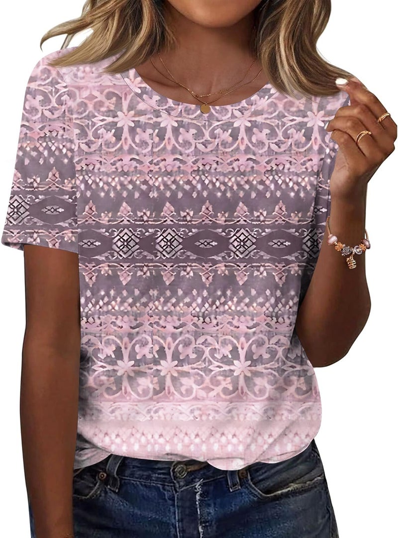TCOT Crew Neck Tops for Women Bohemia Floral Short Sleeve Business Casual Blouses Shirts Fashion Clothes 2026 L - Image 1