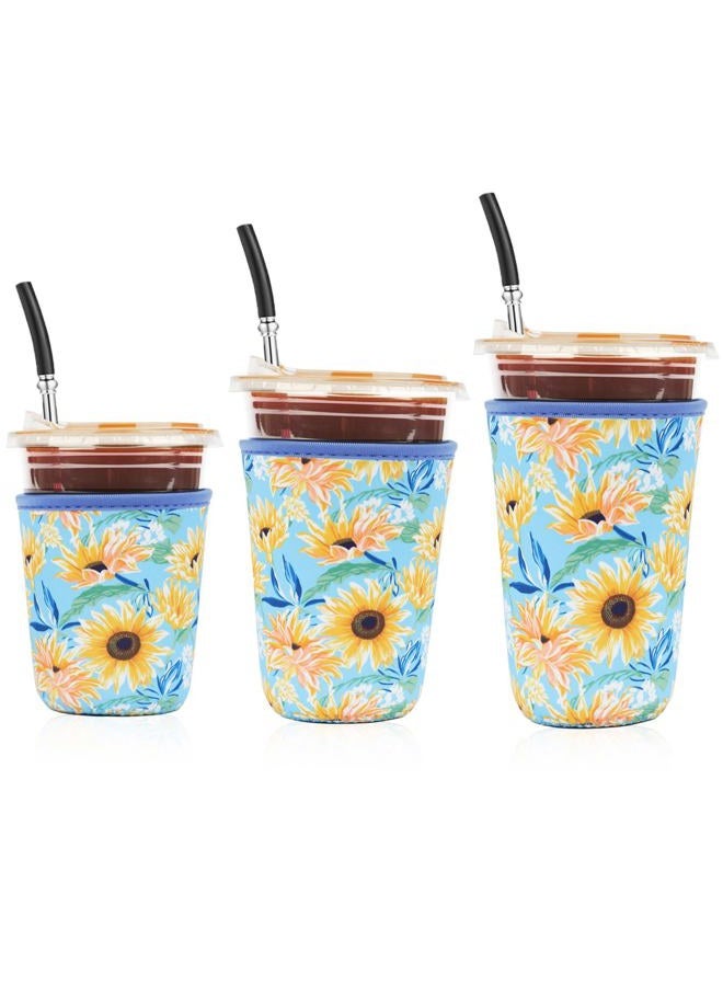 Haevola Reusable 3-Pack Iced Coffee Cup Sleeve, Insulated Neoprene, Beverage Holder for iced coffee, Durable Drink Sleeve for Cold Beverages, Sunflower Smile - Image 1