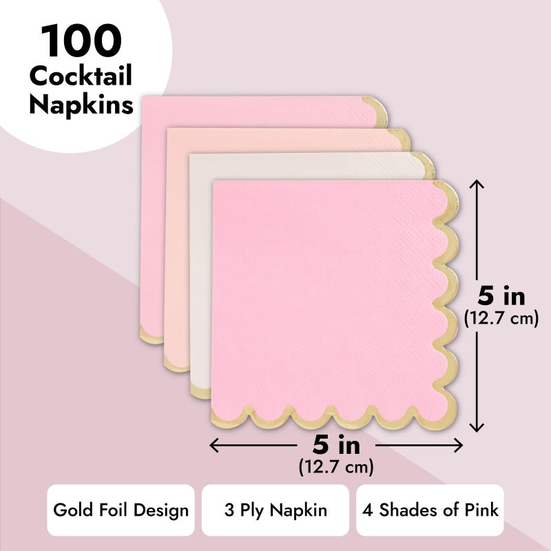 Sparkle and Bash Pink Cocktail Napkins - 5 x 5 In, 100 Count, 3-Ply Scalloped, Pink & Gold - Napkins for Baby Girl & Bridal Showers & Birthday Parties - Image 5