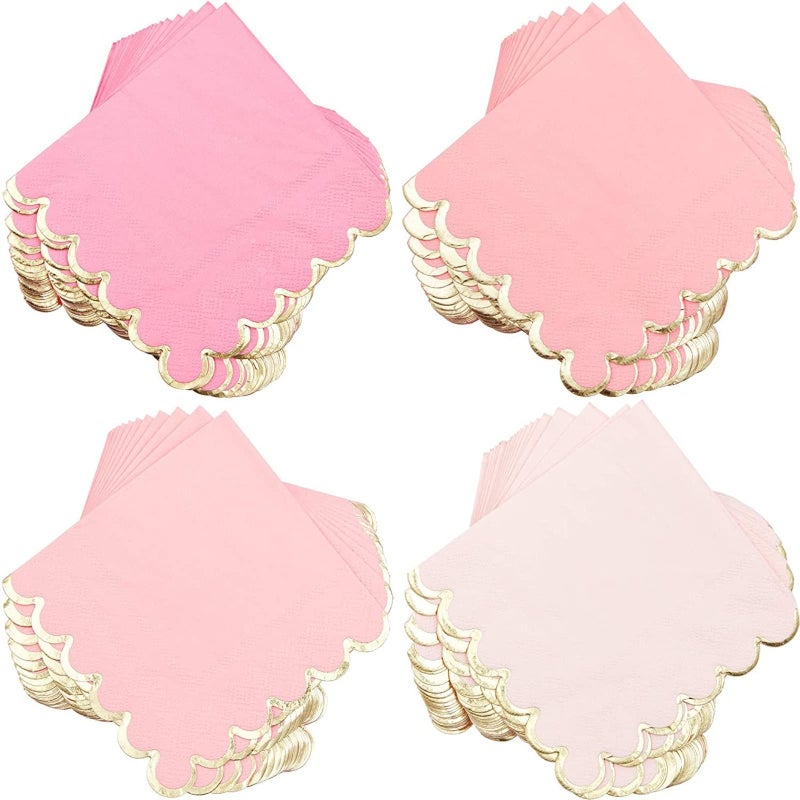 Sparkle and Bash Pink Cocktail Napkins - 5 x 5 In, 100 Count, 3-Ply Scalloped, Pink & Gold - Napkins for Baby Girl & Bridal Showers & Birthday Parties - Image 1