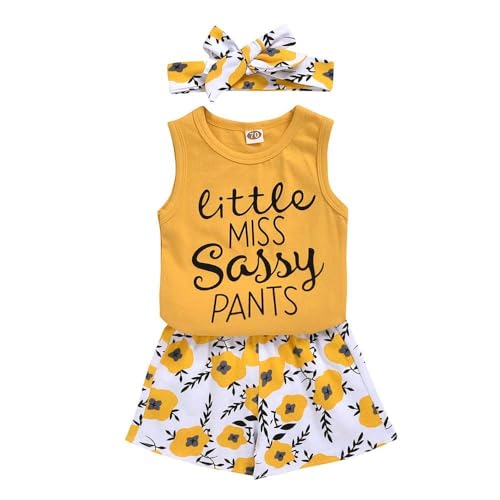 Hipea Toddler Girl Outfits Flower Tops Sleeveless Vest Shorts Headband Summer Clothes Set(4-5T) - Image 1