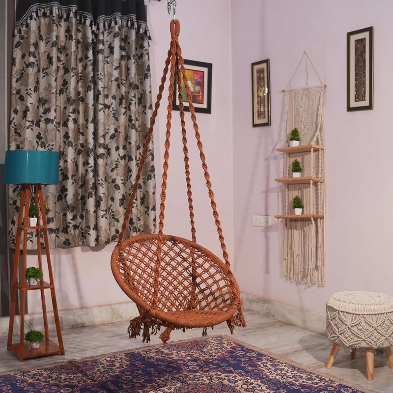 Patiofy Cotton Round Swing Chair for Adults and KidsSwing for HomeSwing for BalconyJhula for AdultsJhoola for Living RoomSwing for Indoor Outdoorwith Hanging Kit Brown