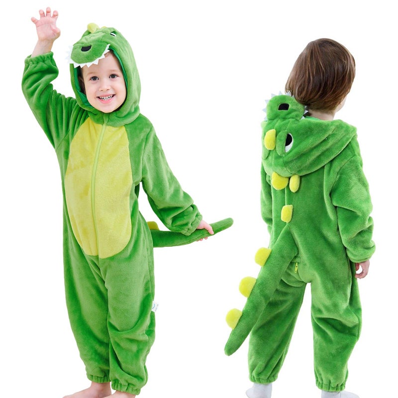 LOLANTA Toddler Boys Girls Dinosaur Costume Unisex Baby Kids Flannel Animal Hooded Romper Jumpsuit Dress Up Outfit2430Mdinosaur