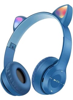 P47 Wireless Bluetooth Headphones P47M (CAT) with Microphone for Kids and Adults,Stereo Cat Ear Design with LED Light and Foldable Memory Card Slot for Girls and Boys - BLUE  - Image 1