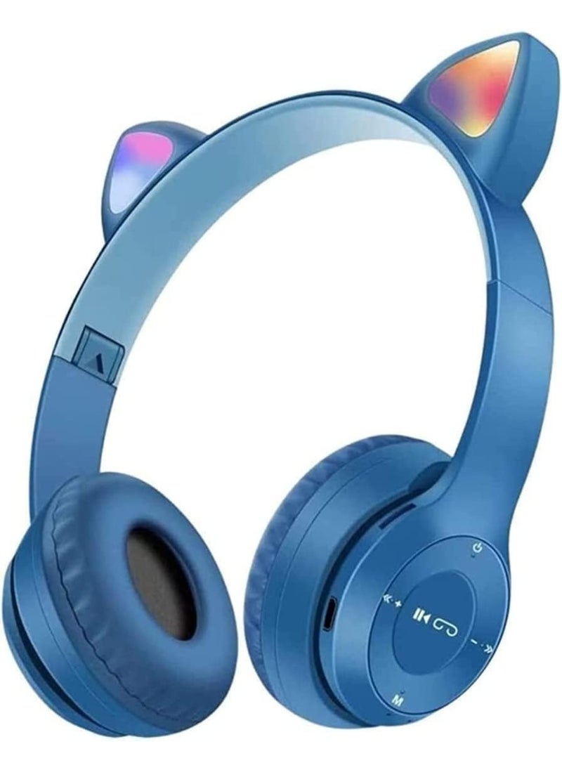 P47 Wireless Bluetooth Headphones P47M (CAT) with Microphone for Kids and Adults,Stereo Cat Ear Design with LED Light and Foldable Memory Card Slot for Girls and Boys - BLUE  - Image 1