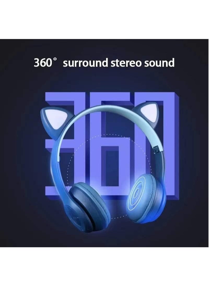 P47 Wireless Bluetooth Headphones P47M (CAT) with Microphone for Kids and Adults,Stereo Cat Ear Design with LED Light and Foldable Memory Card Slot for Girls and Boys - BLUE  - Image 3