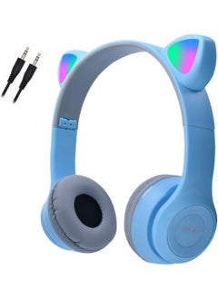 P47 Wireless Bluetooth Headphones P47M (CAT) with Microphone for Kids and Adults,Stereo Cat Ear Design with LED Light and Foldable Memory Card Slot for Girls and Boys - BLUE  - Image 5