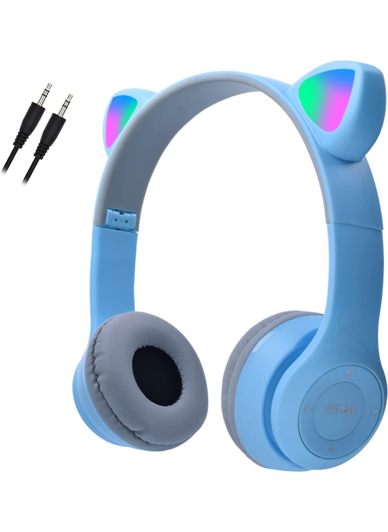 P47 Wireless Bluetooth Headphones P47M (CAT) with Microphone for Kids and Adults,Stereo Cat Ear Design with LED Light and Foldable Memory Card Slot for Girls and Boys - BLUE  - Image 5