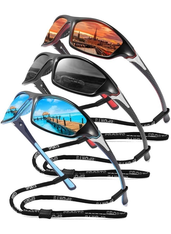 COYO 3 Pieces Sports Polarized Sunglasses For Men Cycling Driving Fishing UV400 Protection (Glasses+Rope) - Image 1