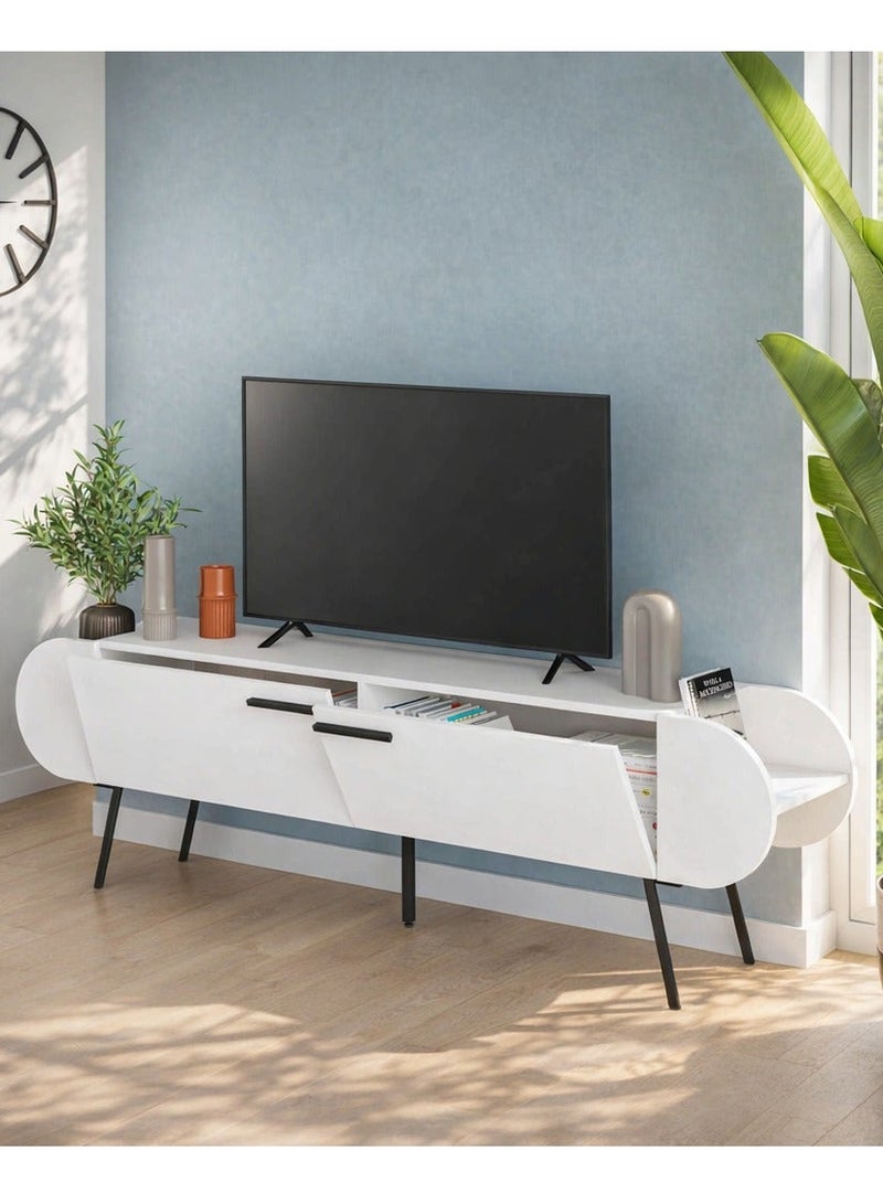 Mourah Home Capsule Tv Cabinet Up To 65'' Inch Tvs 2Door And 2Tier Storage Cabinet Tv Units For Living Room| 195X37.4X57.5 Cm | White - Image 3