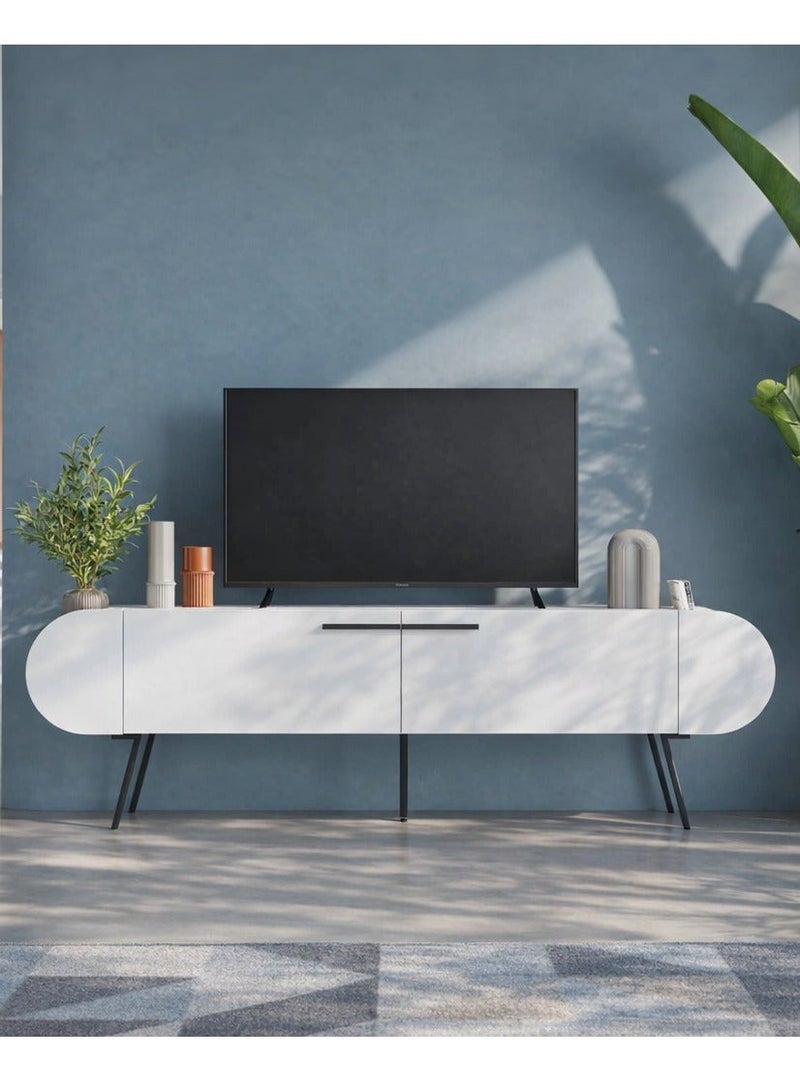 Mourah Home Capsule Tv Cabinet Up To 65'' Inch Tvs 2Door And 2Tier Storage Cabinet Tv Units For Living Room| 195X37.4X57.5 Cm | White - Image 2
