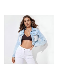 Loquat Squality Leisure Tassels Denim Short Jacket Women Light Blue  - Image 1
