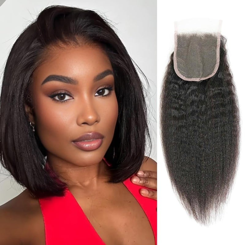 Selina Lace Closure Kinky Straight 4x4 Hd Lace Closure Kinky Straight Human Hair Free Part Hair Natural Black 8 Inch - Image 1