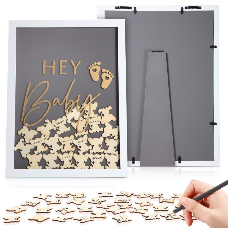 Unittype Unittype 71 Pcs 158 x 118 x 06inch Baby Shower Guest Book Alternative with 70 Wood Slices Set Baby Shower Decoration Photo Frame Signature Keepsakes for Birthday Table CenterpieceGreyElephant 