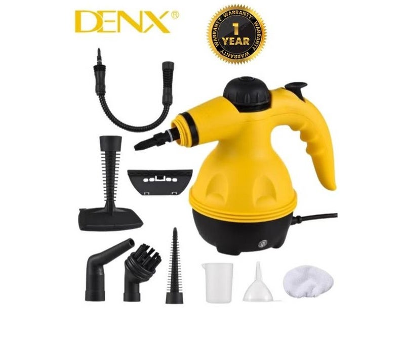 دينكس DENX منظف بخار دينكس محمول باليد DX-2563 – 1200 وات – بخار عالي الضغط – متعدد الاستخدامات مع 9 ملحقات – تعقيم عميق بدون مواد كيميائية – تنظيف 360° – لون أصفر/أسود – ضمان سنة - Image 1