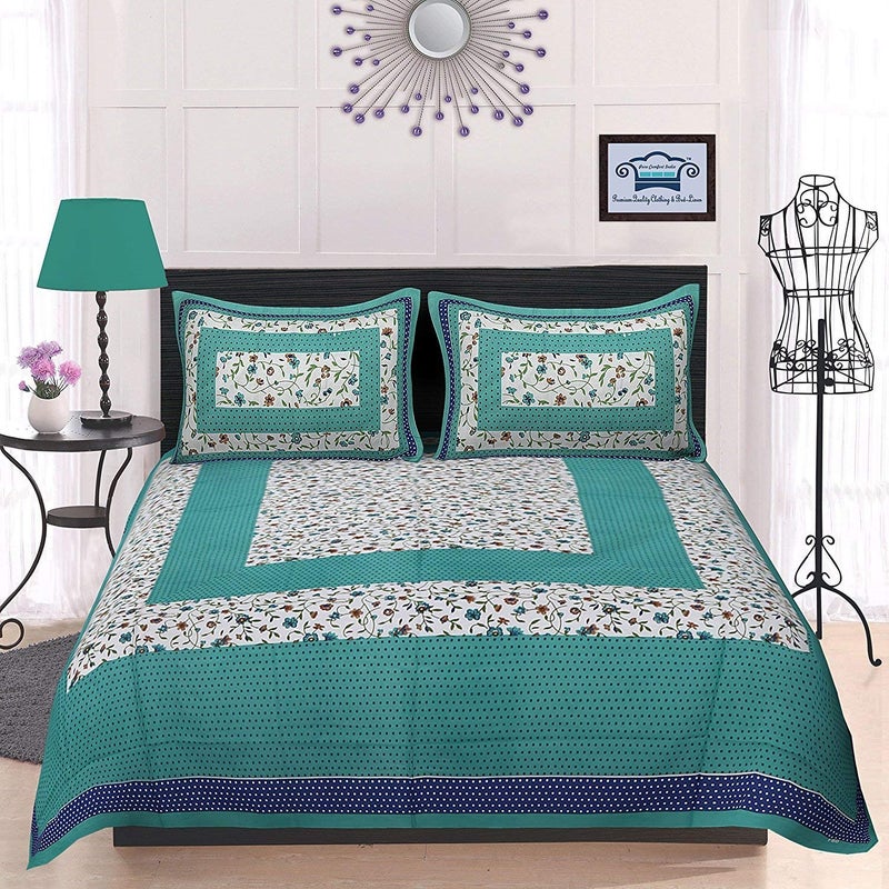 Doraya Queen Size Double Bed Sheet with Pillow Covers Pure Cotton Traditional Jaipuri Printed Bedcover Sea Green Queen - Image 3