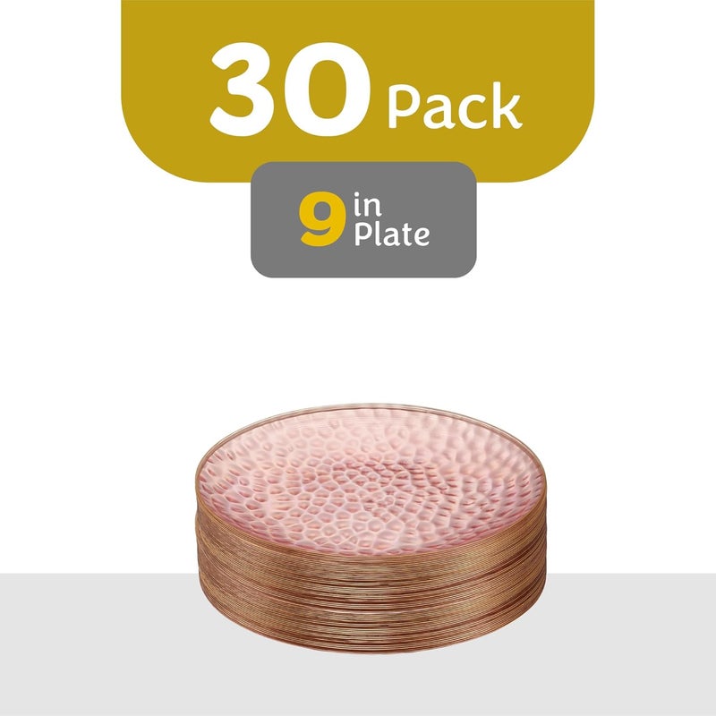 PLASTICPRO 30 Pack Hammered Plastic Plates Heavyweight Disposable Plastic Plates Elegant Clear Platsic Party Dishes (Hammered Pink With Gold Rim, 9'' INCH PLATES) - Image 4