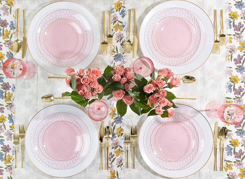 PLASTICPRO 30 Pack Hammered Plastic Plates Heavyweight Disposable Plastic Plates Elegant Clear Platsic Party Dishes (Hammered Pink With Gold Rim, 9'' INCH PLATES) - Image 3