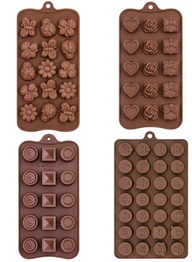 Happy Home 4-Piece Silicone Mold Set, 22 × 11 cm Each, with 73 Total Cavities, Flexible Reusable Molds for Chocolate, Candy, Jelly, Ice Cubes, Fudge, Frozen Yogurt, Individual Dessert Bites, Cake Decorations, Cupcake Toppers, Birthday Treats, Party Sweets and Homemade Desserts – Brown - Image 1