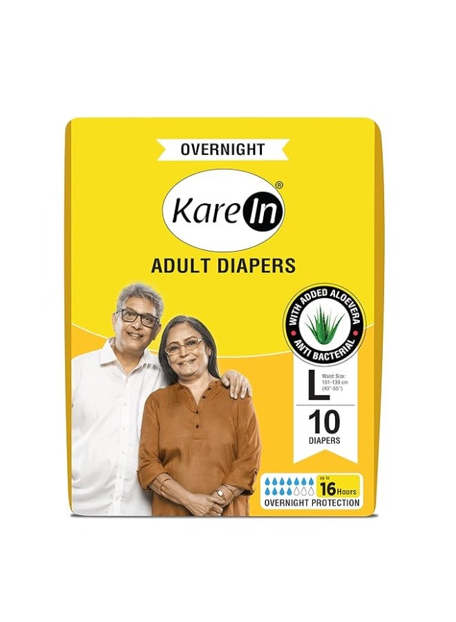 Kare In KareIn Overnight Adult Diapers, Large, Waist Size 101-139 Cm (40-55), 10 Count, Tape Style, High Absorbency, Odour Free,With Aloe Vera Lotion, Anti-Bacterial, ADL, Leak Proof, Pack of 1. - Image 1