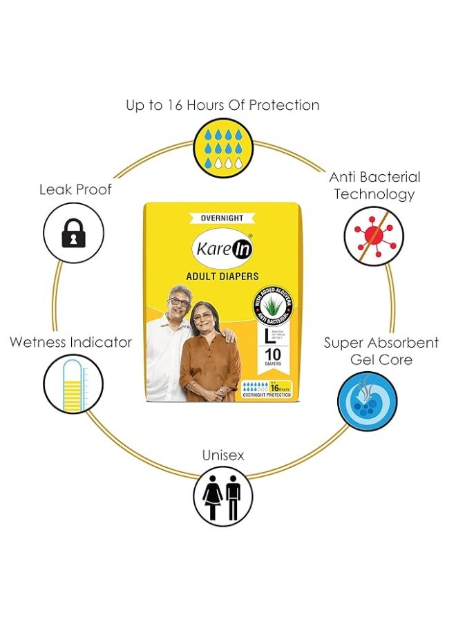 Kare In KareIn Overnight Adult Diapers, Large, Waist Size 101-139 Cm (40-55), 10 Count, Tape Style, High Absorbency, Odour Free,With Aloe Vera Lotion, Anti-Bacterial, ADL, Leak Proof, Pack of 1. - Image 4