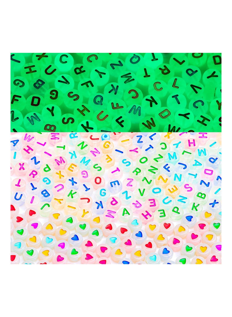 KASTWAVE 100 PCS Luminous Alphabet Letter Beads, KASTWAVE Acrylic Heart Beads Flat Beads Glow in the Dark Number Beads Colorful DIY Star Print for Bracelets Necklace Jewelry Making Supplies (Random English) - Image 1