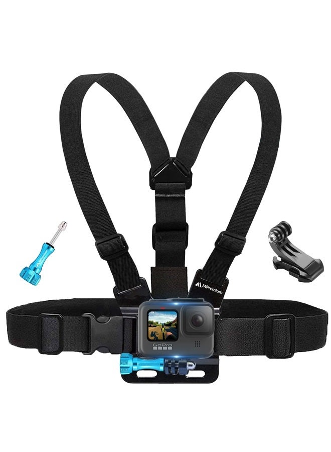 MiPremium Chest Mount Chesty Harness Strap for GoPro Hero 11 10 9 8 7 6 5 4 Session 3 2 Max Black Silver & AKASO EK7000 Sjcam Action Camera Adjustable Vest & Body Holder Accessories Kit & Aluminum Thumbscrew - Image 1