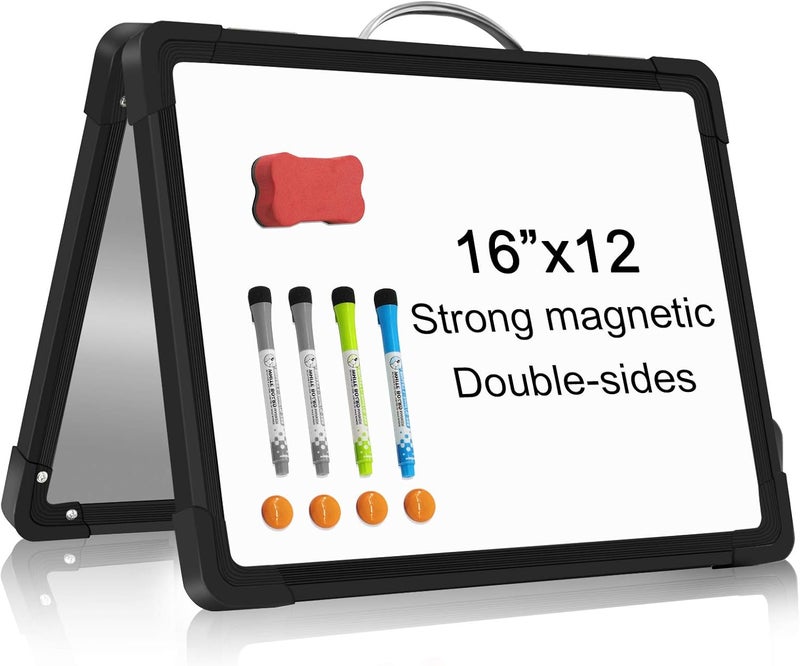 H-Qprobd Small Dry Erase White Board - 16"x 12" Double Sided Mini Foldable Magnetic Desktop whiteboard for Drawing, Teacher Instruction and Meeting Discuss - Image 1