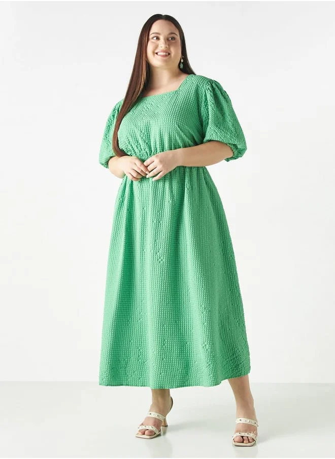 2Xtremz 2Xtremz Waffle Textured Dress with Elasticated Waist and Puff Sleeves