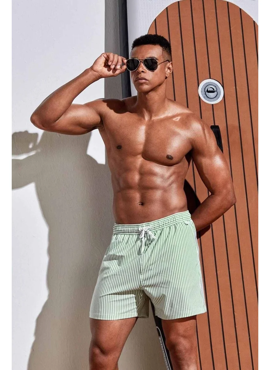 Angelsin Men's Basic Standard Size Thin Striped Printed Swimsuit with Pocket Swim Shorts