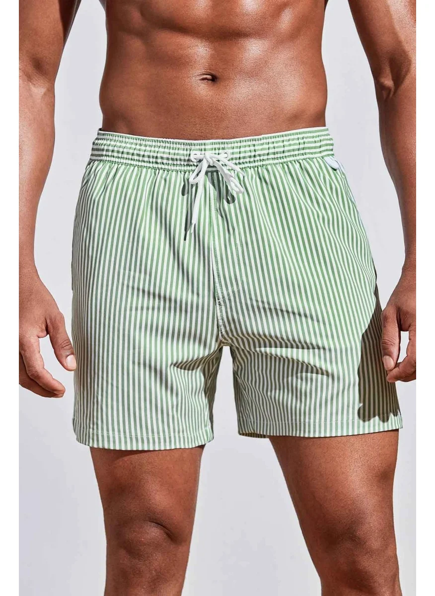 Angelsin Men's Basic Standard Size Thin Striped Printed Swimsuit with Pocket Swim Shorts