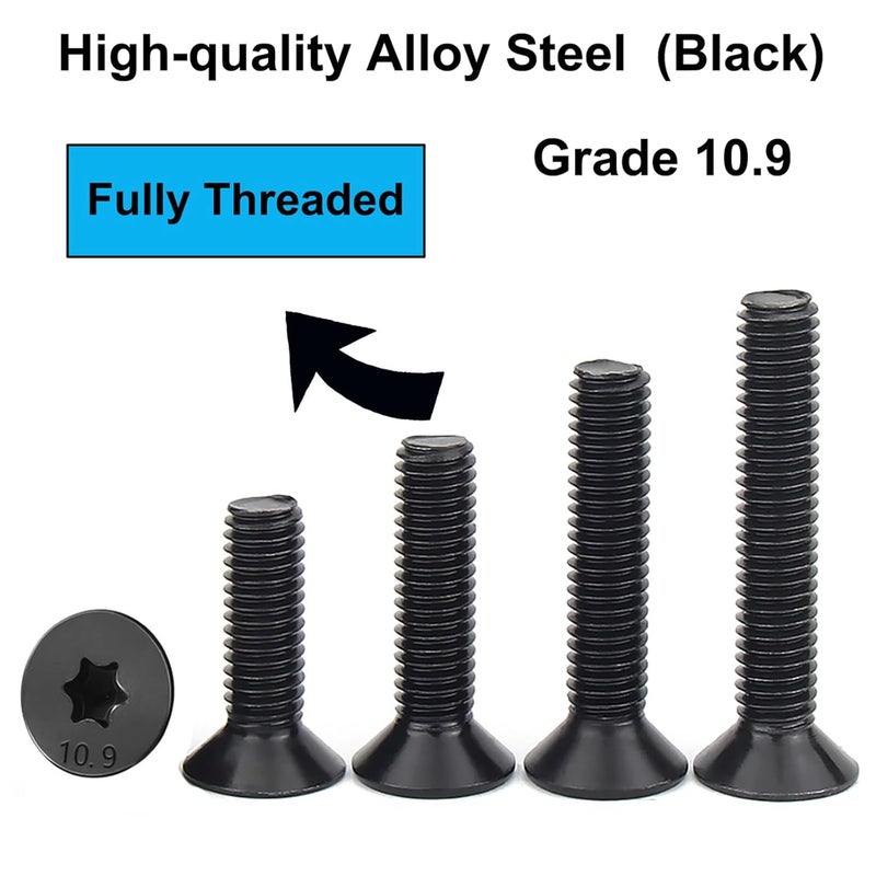 HanTof 75Pcs Flat Head Torx Drive Screws Bolts, Grade 10.9 Alloy Steel, M6 x 12/16/20/25/30mm CSK Head Star Drive Machine Screws Set with T30 Wrench, Black Oxide Finish, Fully Threaded Pitch : 1.0 mm - Image 4