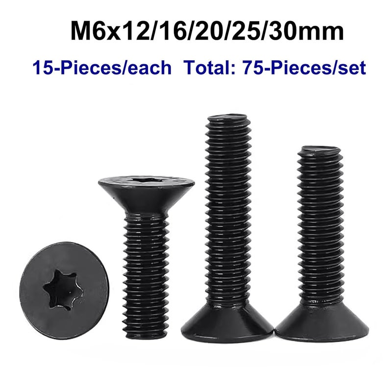 HanTof 75Pcs Flat Head Torx Drive Screws Bolts, Grade 10.9 Alloy Steel, M6 x 12/16/20/25/30mm CSK Head Star Drive Machine Screws Set with T30 Wrench, Black Oxide Finish, Fully Threaded Pitch : 1.0 mm - Image 5