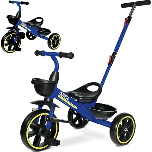 KRIDDO 2in1 Toddler Tricycle for Ages 18 Months to 5 Years Old Extended Push Handle for Effortless Push Gift Trike for Toddler 3 to 5 Year Kids Tricycle with Foldable Front Footrest Blue - Image 1