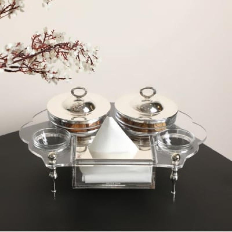 Soleter Single Serving Set Transparent & Silver 30x22x6cm – 4-Piece Set with Glass Bowls & Lids, Napkin Holder & Decorative Tray